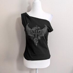 NWT Hot Topic Black Rhinestone Cross Angel Wing Off The Shoulder Top | Size M